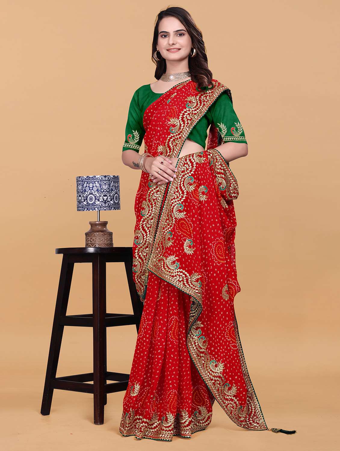 Women Bandhani Printed Saree With Blouse - 22738591 -  Standard Image - 2