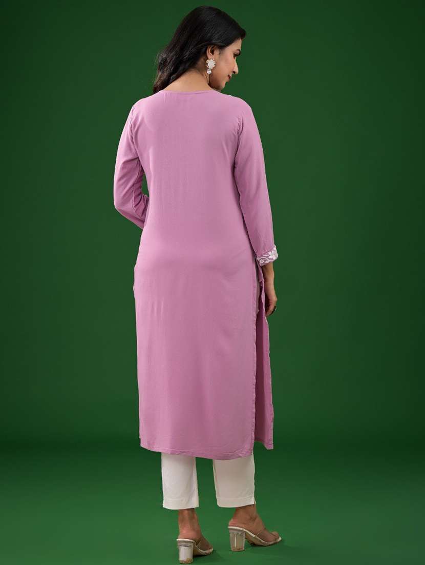 Women Embroidered Three Quarter Sleeves Straight Kurta - 22740205 -  Standard Image - 2