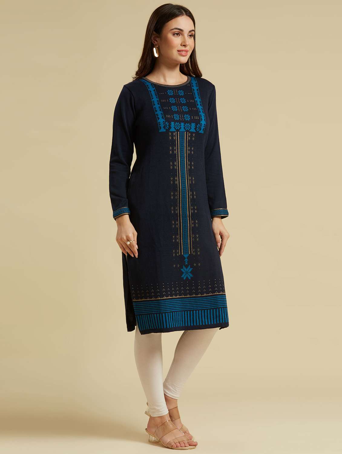Women Self Design Long Sleeves Straight Kurta - 22740238 -  Standard Image - 2
