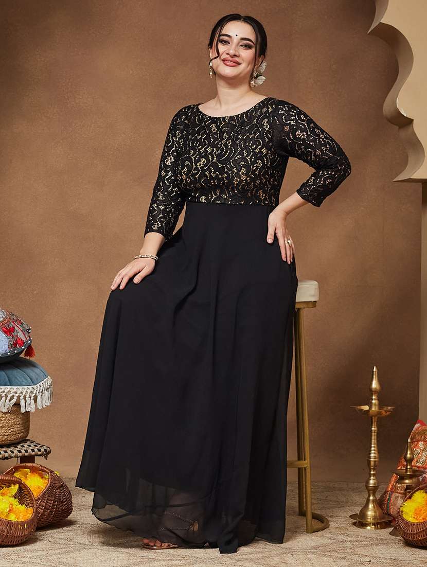 women self design three quarter sleeves fit and flare dress