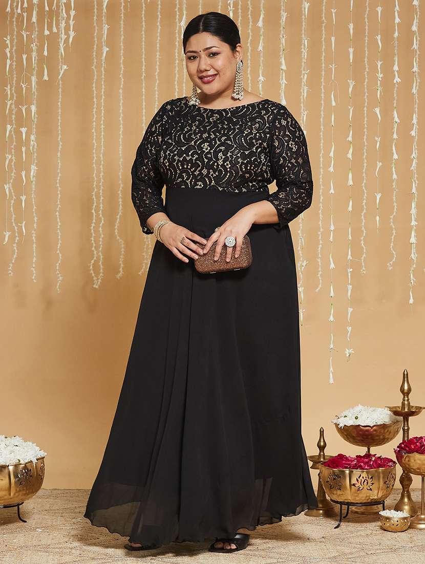 women self design three quarter sleeves fit and flare dress