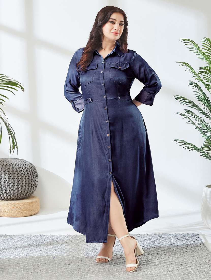 Women Solid Three Quarter Sleeves Shirt Dress - 22741378 -  Standard Image - 2