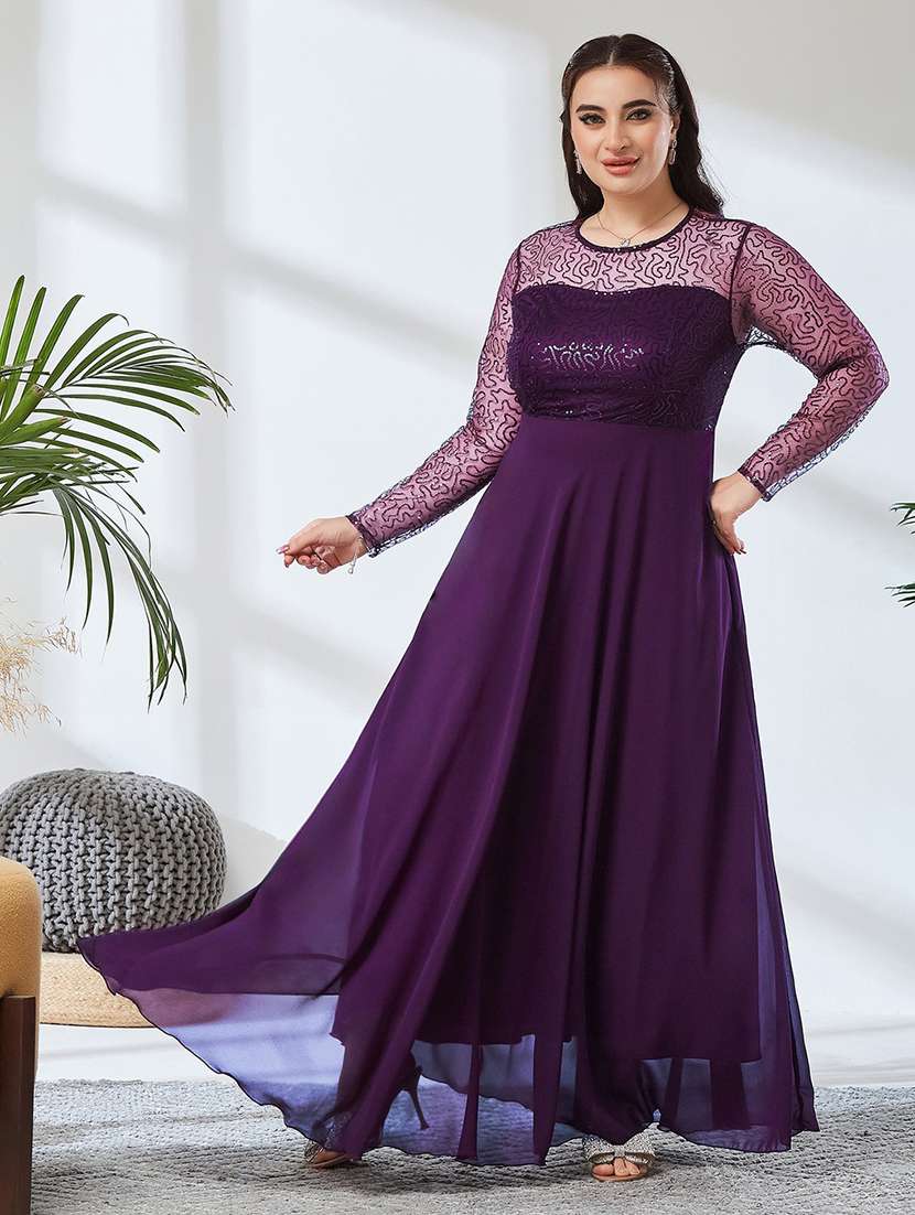 women embroidered long sleeves fit and flare gown