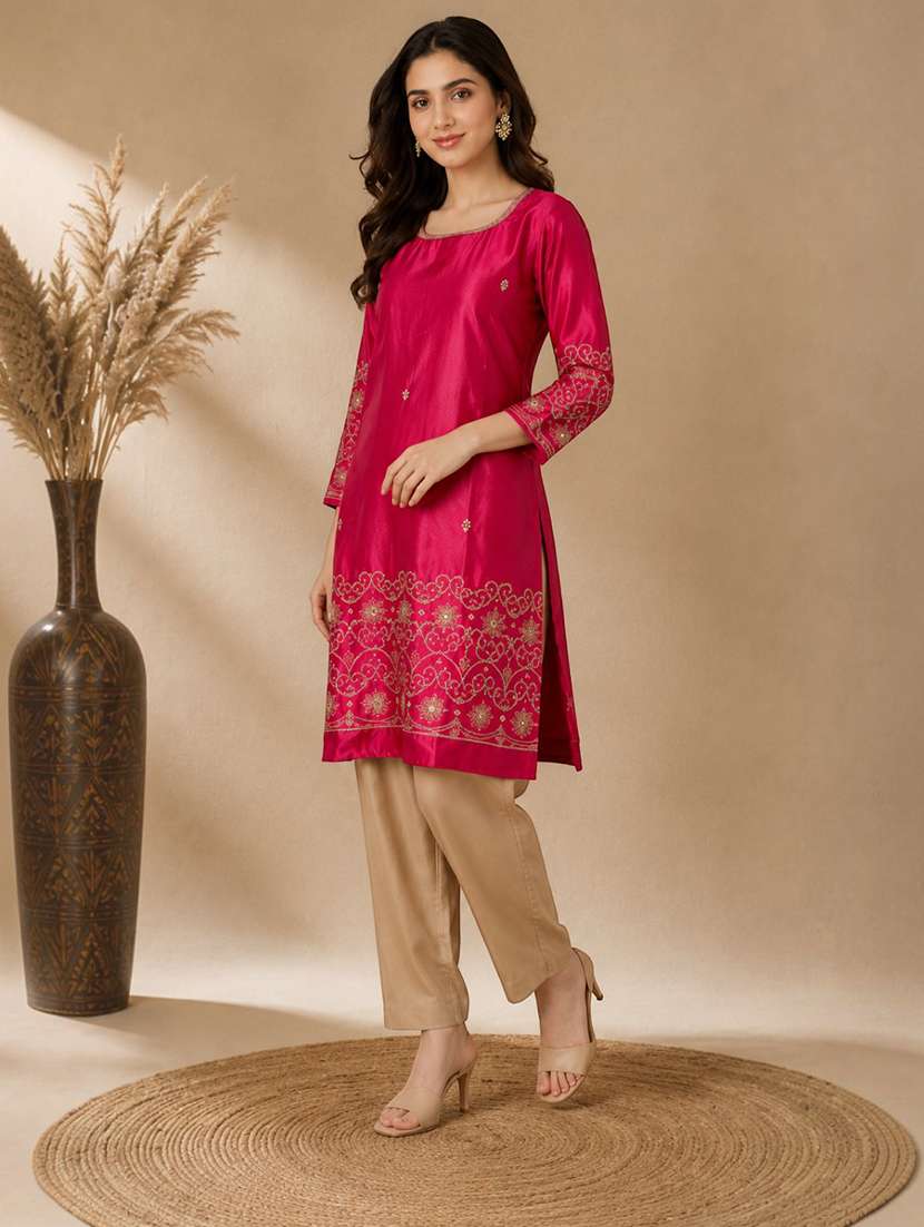 Women Embroidered Three Quarter Sleeves Kurta Pant Set - 22743300 -  Standard Image - 2