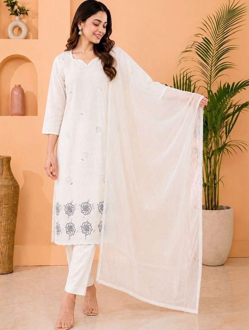 Women Embroidered Three Quarter Sleeves Kurta Pant With Dupatta Set - 22743314 -  Standard Image - 2