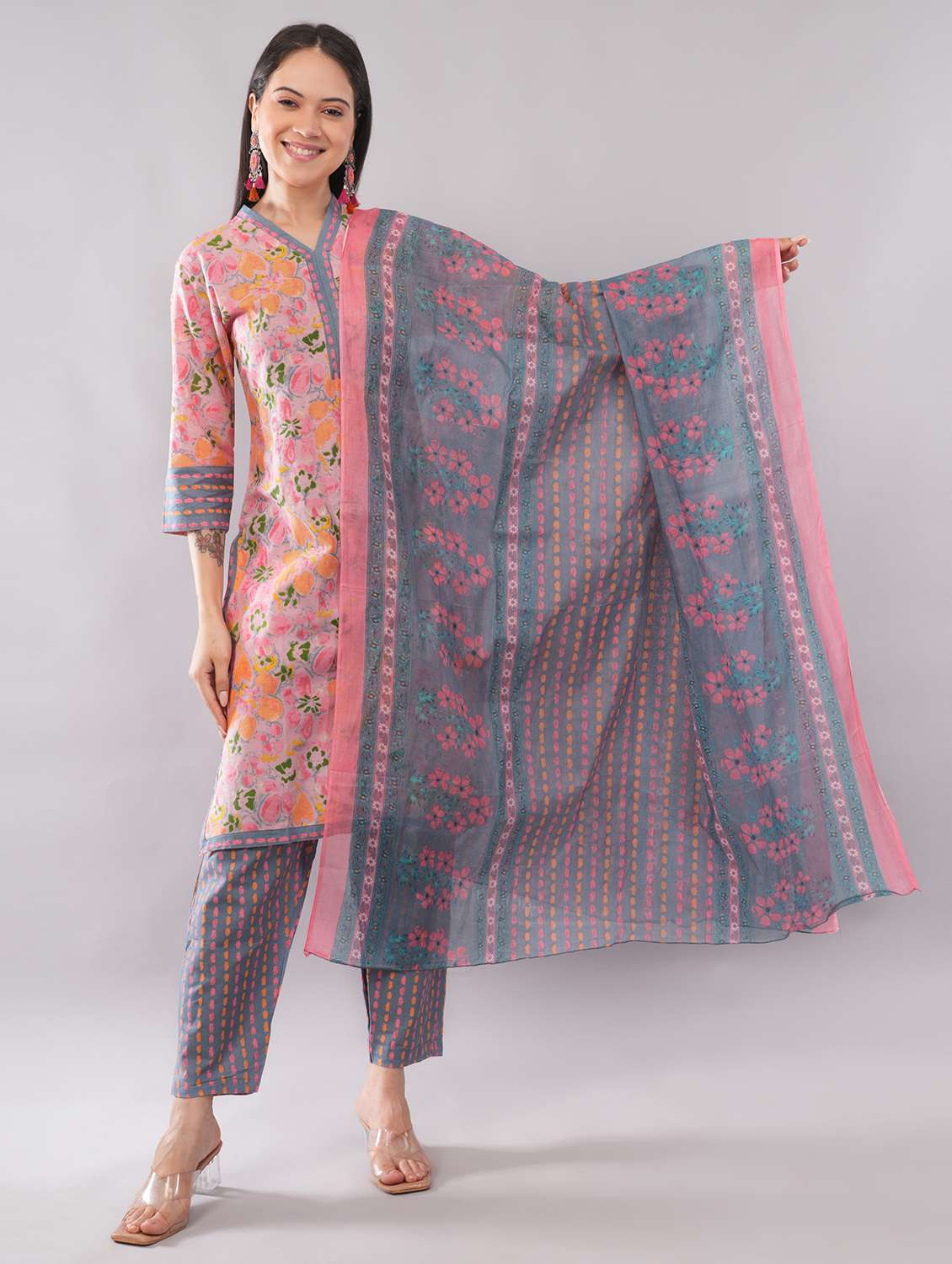 Women Printed Three Quarter Sleeves Kurta Pant With Dupatta Set - 22743345 -  Standard Image - 2