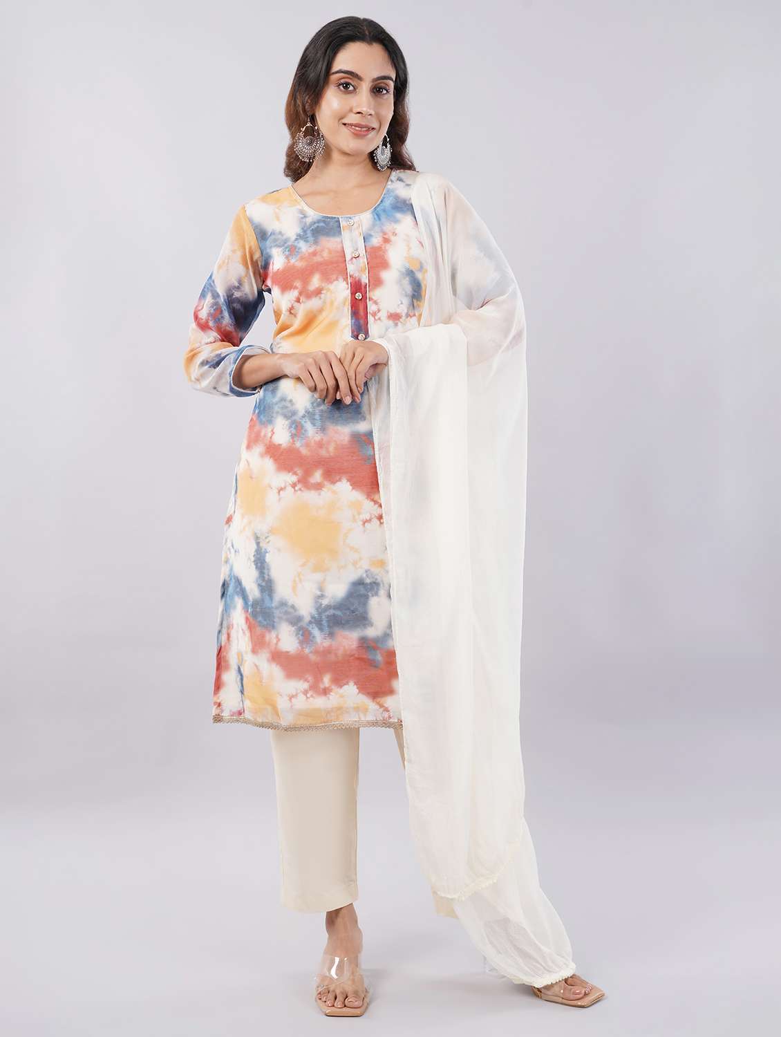 Women Printed Three Quarter Sleeves Kurta Pant With Dupatta Set - 22743362 -  Standard Image - 2