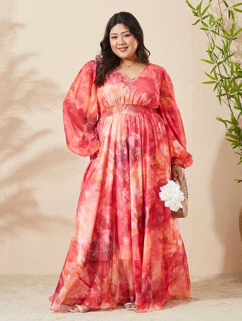 women printed bishop sleeves tiered dress