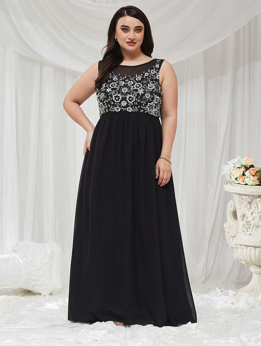 women embroidered sleeveless fit and flare gown