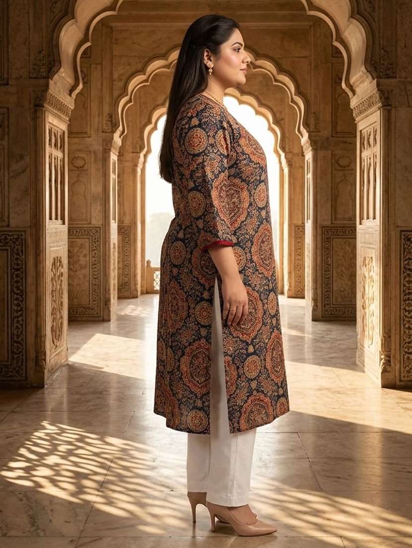 Women Printed Three Quarter Sleeves Straight Kurta - 22743633 -  Standard Image - 2