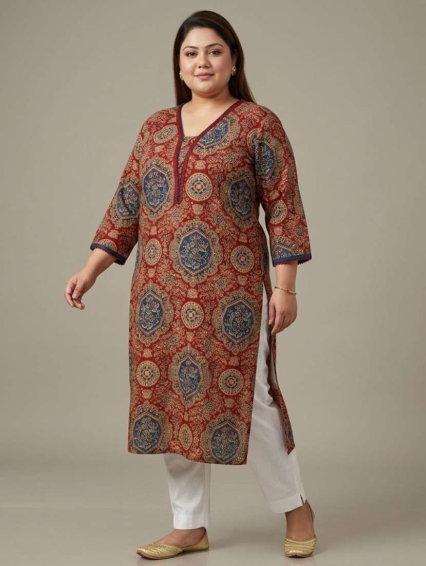 Women Printed Three Quarter Sleeves Straight Kurta - 22743636 -  Standard Image - 2