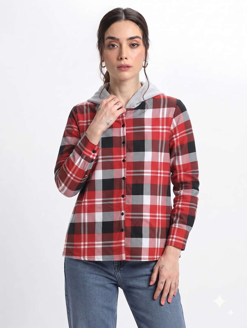 women checkered long sleeves hooded shacket