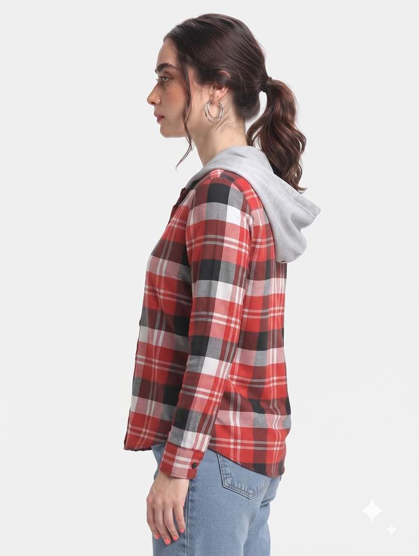 Women Checkered Long Sleeves Hooded Shacket - 22743679 -  Standard Image - 2