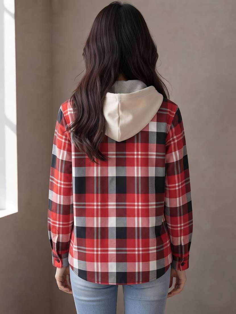 Women Checkered Long Sleeves Hooded Shacket - 22743680 -  Standard Image - 2