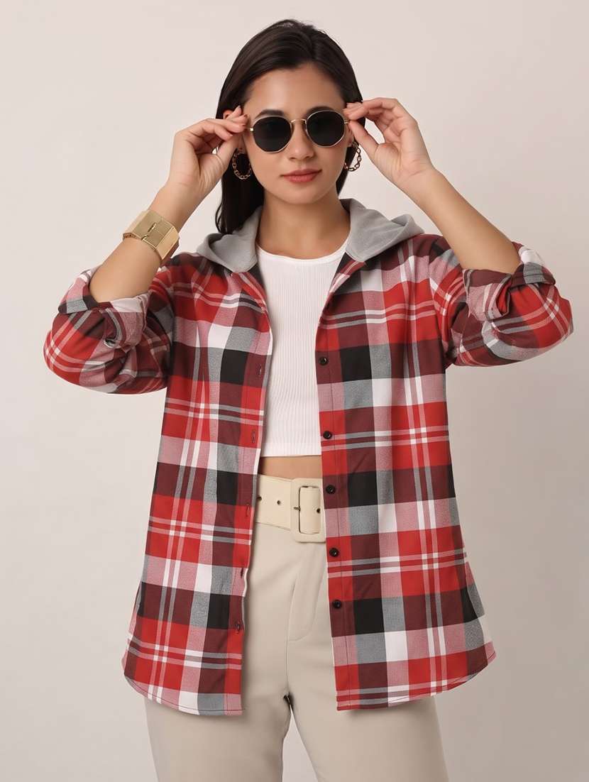 women checkered long sleeves hooded shacket