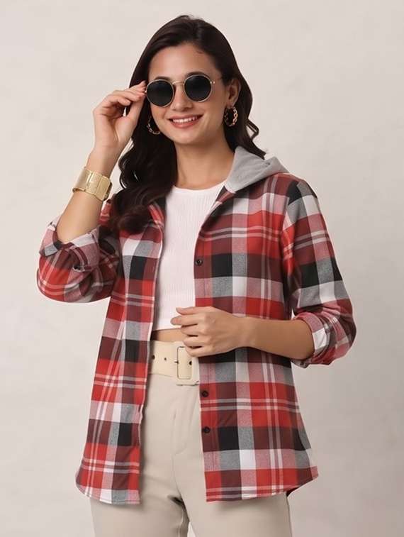 Women Checkered Long Sleeves Hooded Shacket - 22743681 -  Standard Image - 2