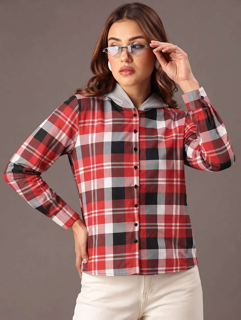 women checkered long sleeves hooded shacket