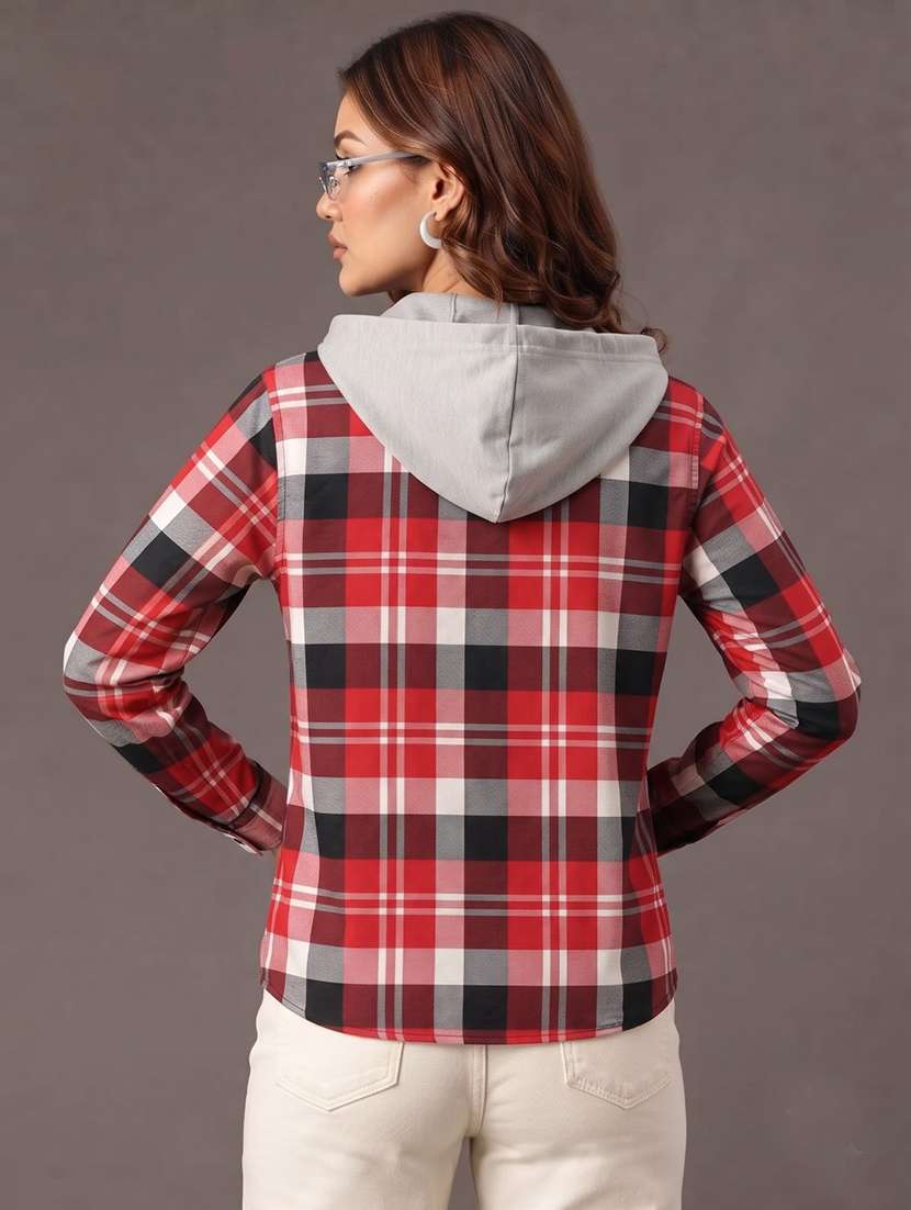 Women Checkered Long Sleeves Hooded Shacket - 22743682 -  Standard Image - 2