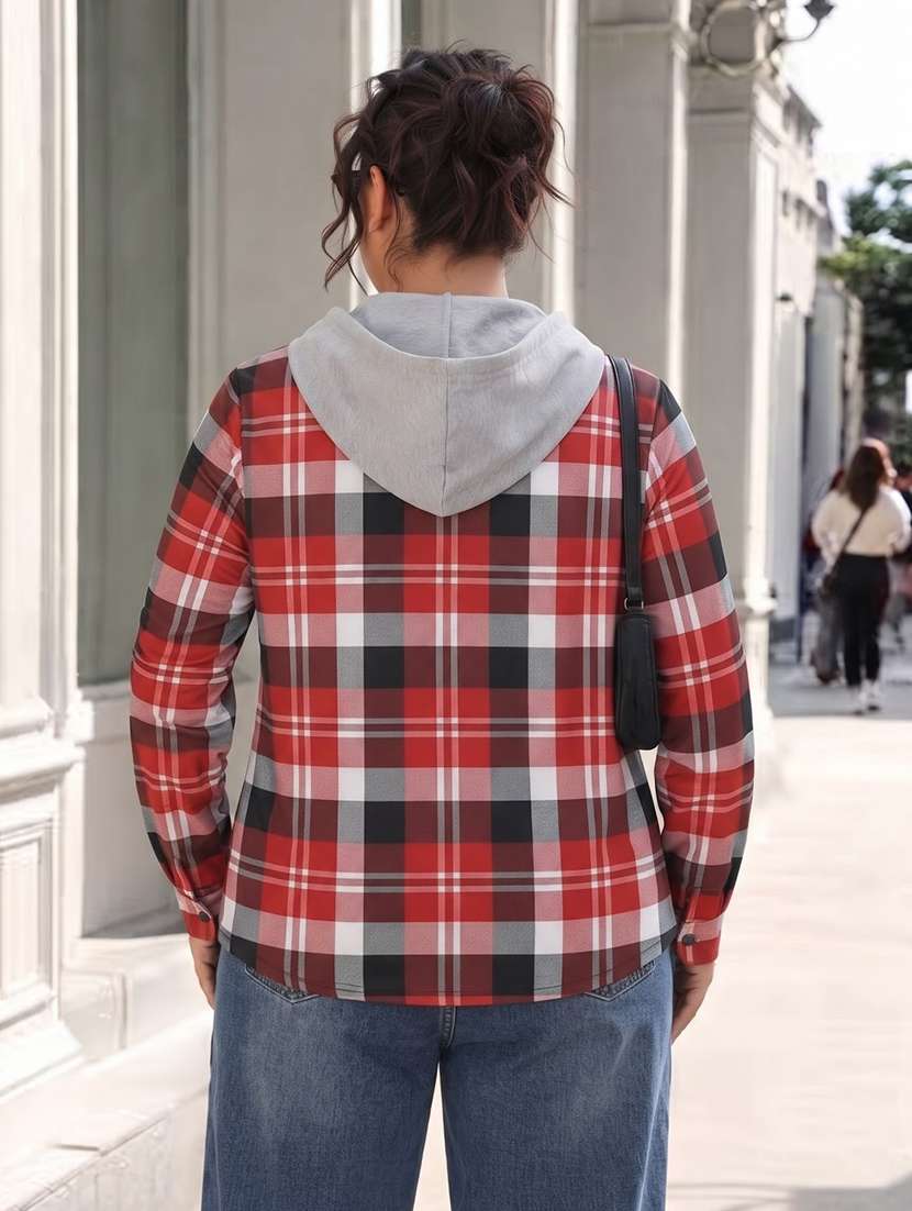 Women Checkered Long Sleeves Hooded Shacket - 22743685 -  Standard Image - 2