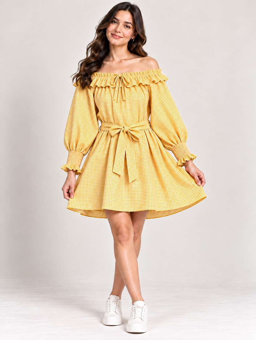 women checkered off shoulder fit and flare dress