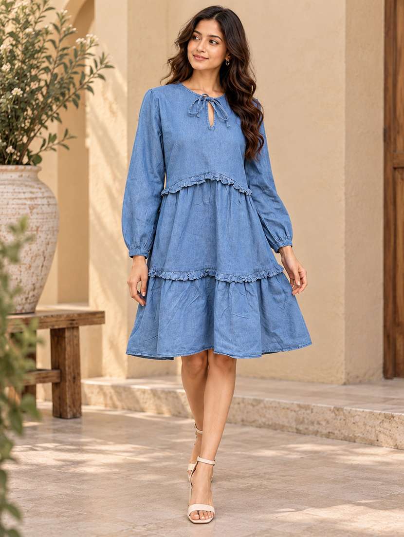 women solid long sleeves tiered dress