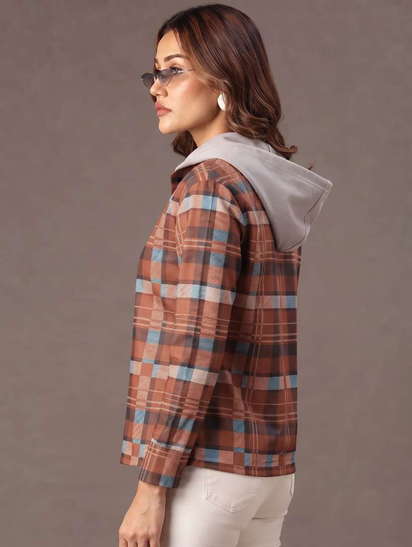 Women Checkered Long Sleeves Hooded Shacket - 22743978 -  Standard Image - 2
