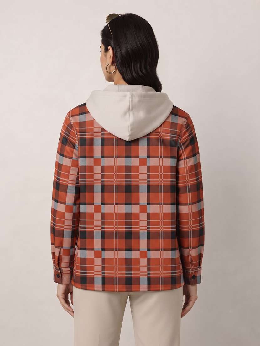 Women Checkered Long Sleeves Hooded Shacket - 22743979 -  Standard Image - 2