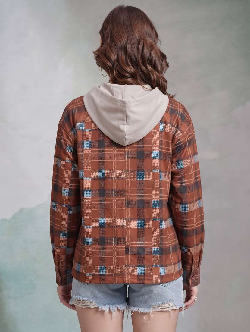 Women Checkered Long Sleeves Hooded Shacket - 22743980 -  Standard Image - 2