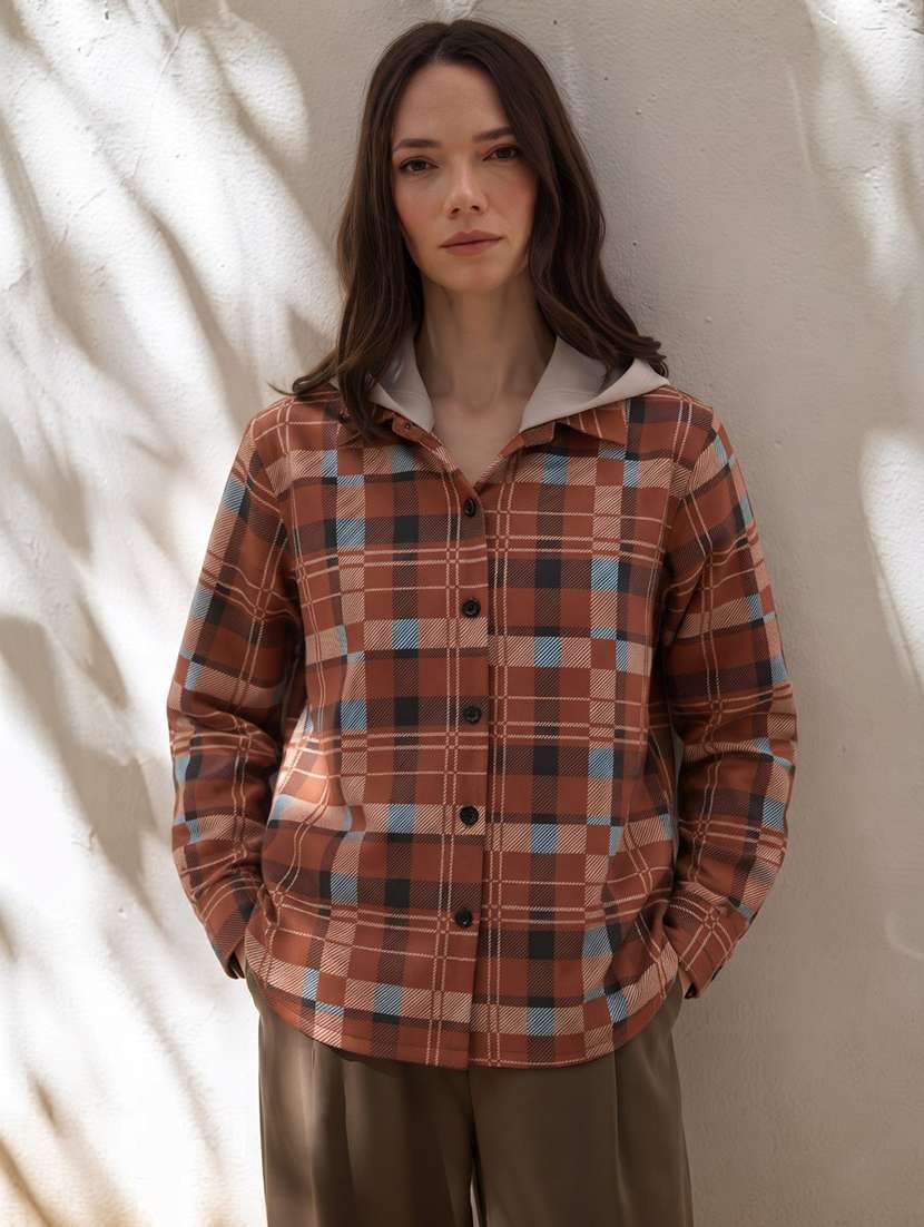 women checkered long sleeves hooded shacket
