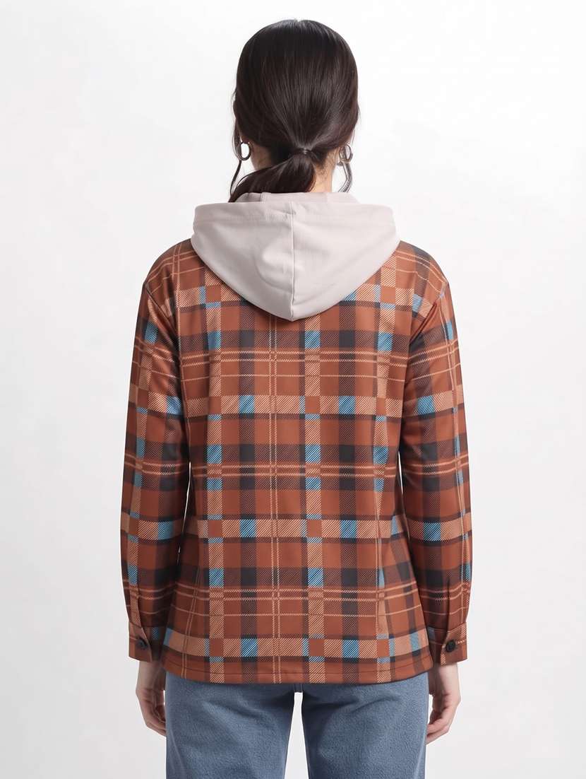 Women Checkered Long Sleeves Hooded Shacket - 22743982 -  Standard Image - 2
