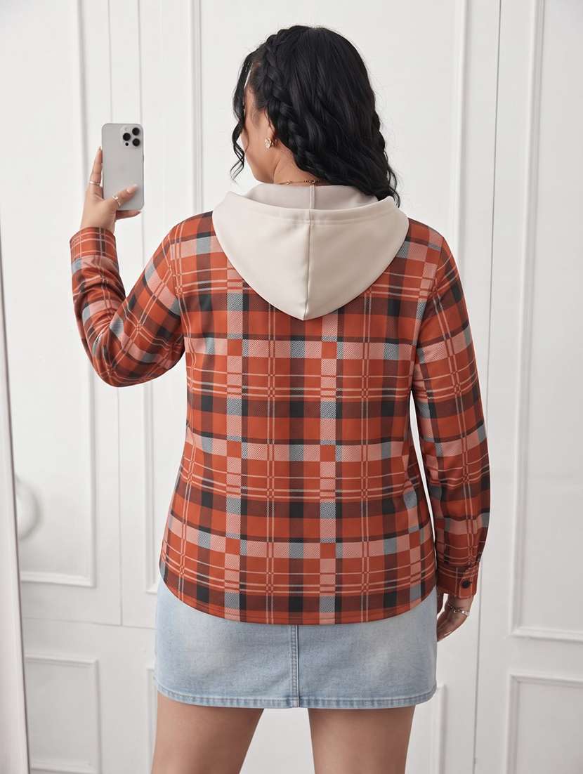 Women Checkered Long Sleeves Hooded Shacket - 22743983 -  Standard Image - 2