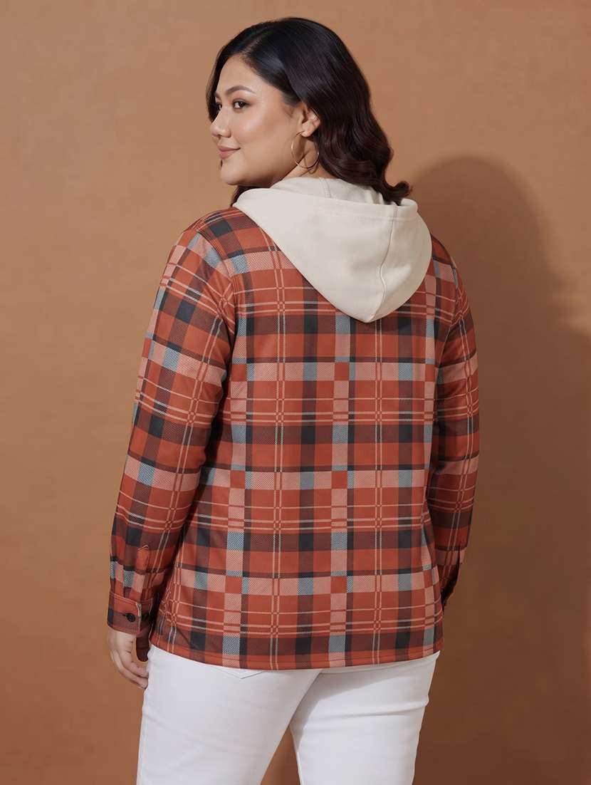 Women Checkered Long Sleeves Hooded Shacket - 22743984 -  Standard Image - 2