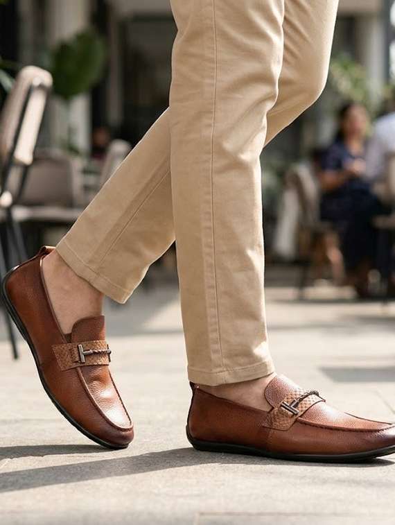 men tan slip on horsebit loafer