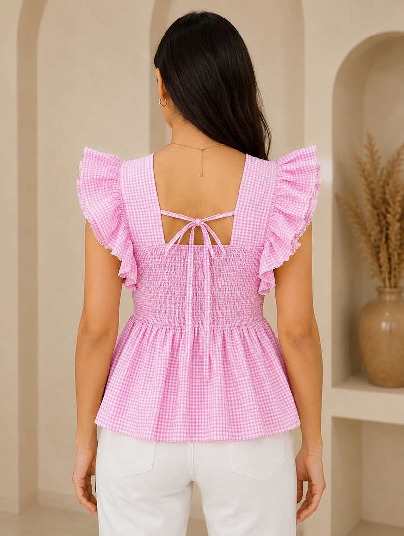 Women Checkered Ruffle Sleeves Peplum Top - 22744348 -  Standard Image - 2