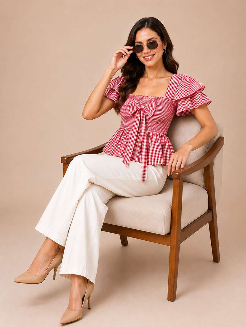 Women Checkered Ruffle Sleeves Peplum Top - 22744349 -  Standard Image - 2