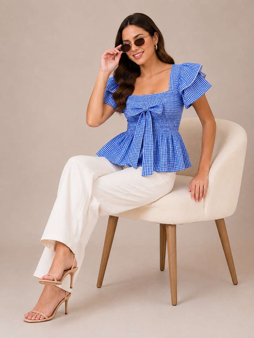Women Checkered Ruffle Sleeves Peplum Top - 22744350 -  Standard Image - 2