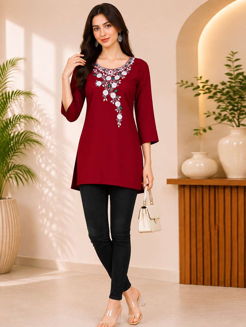 Women Embroidered Three Quarter Sleeves Straight Kurti - 22744429 -  Standard Image - 2