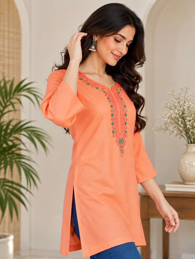 Women Embroidered Three Quarter Sleeves Straight Kurti - 22744430 -  Standard Image - 2