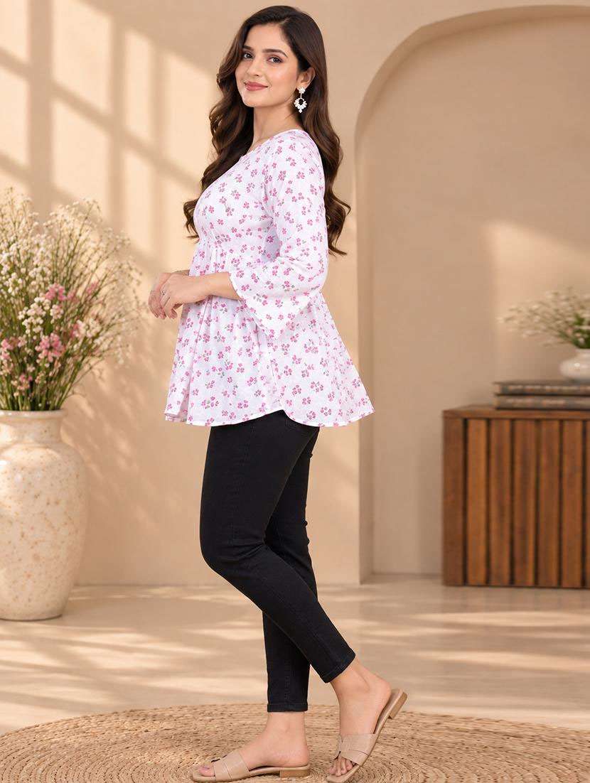 Women Printed Three Quarter Sleeves Flared Kurti - 22744431 -  Standard Image - 2