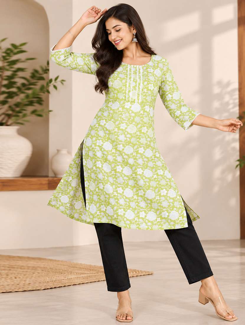 Women Printed Three Quarter Sleeves Straight Kurta - 22744435 -  Standard Image - 2