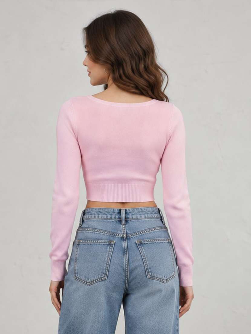 Women Solid Long Sleeves Crop Top - 22745150 -  Standard Image - 2