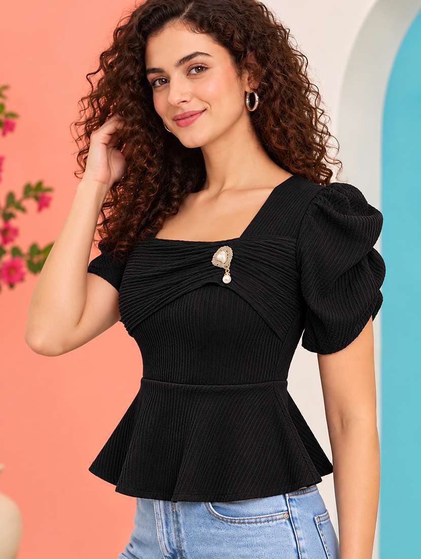 Women Self Design Puff Sleeves Peplum Top - 22745199 -  Standard Image - 2