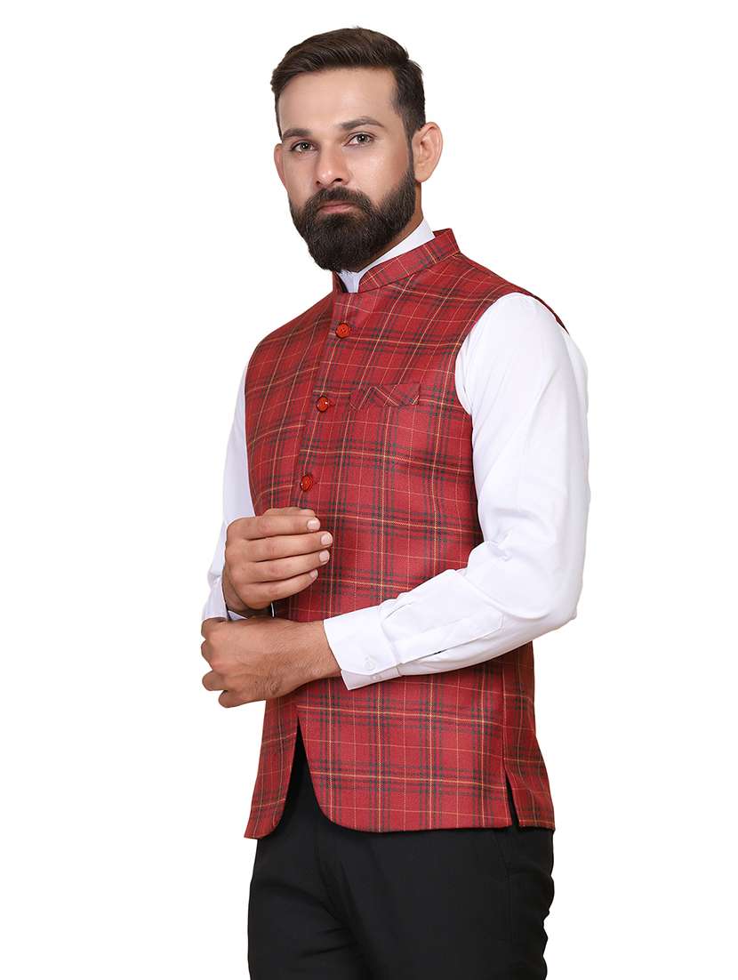 Men Checkered Sleeveless Regular Fit Nehru Jacket - 22745529 -  Standard Image - 2
