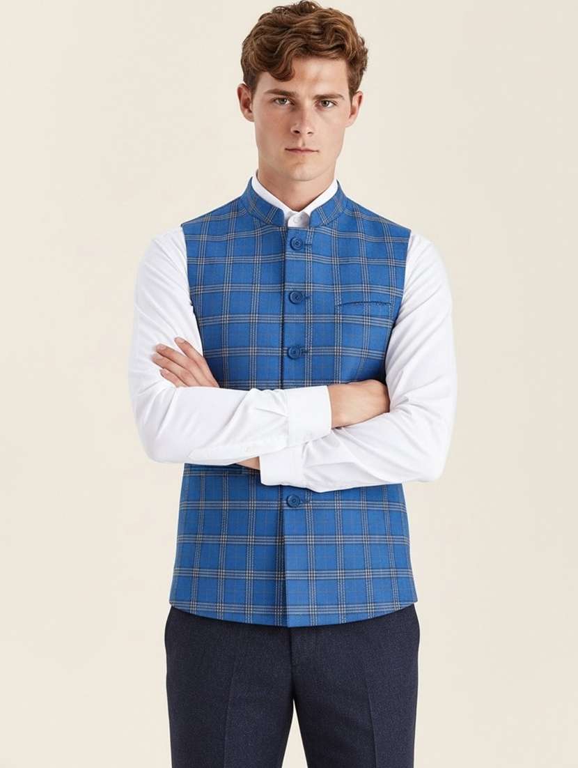 Men Checkered Sleeveless Nehru Jacket - 22745578 -  Standard Image - 2