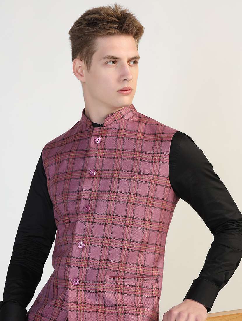 Men Checkered Sleeveless Nehru Jacket - 22745583 -  Standard Image - 2