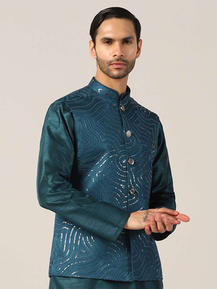 Men Solid With Work Mandarin Neck Regular Fit Nehru Jacket - 22745587 -  Standard Image - 2