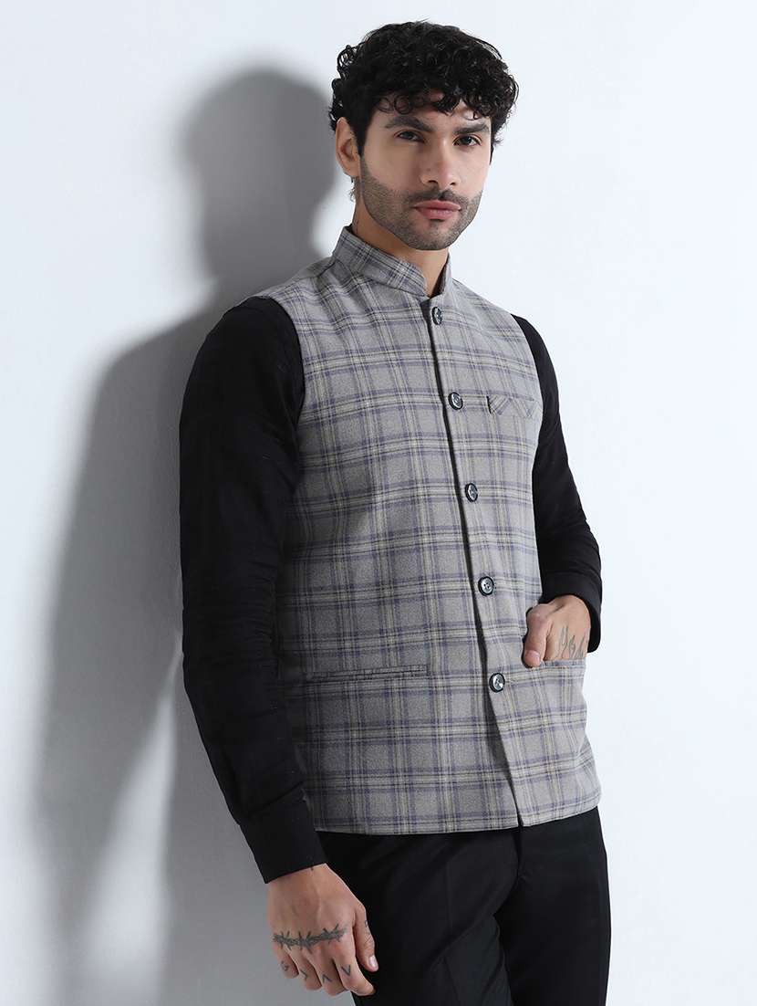 Men Checkered Mandarin Neck Regular Fit Nehru Jacket - 22745589 -  Standard Image - 2