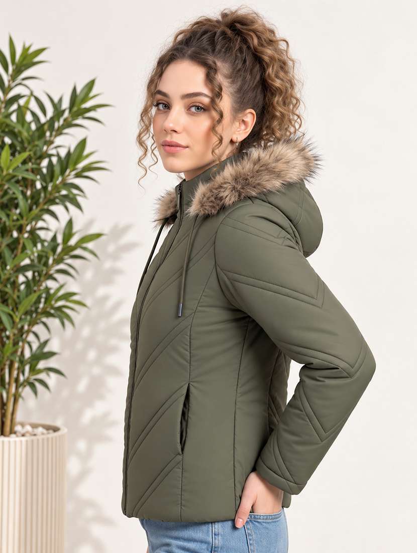 Women Solid Long Sleeves Hooded Quilted Jacket - 22748729 -  Standard Image - 2