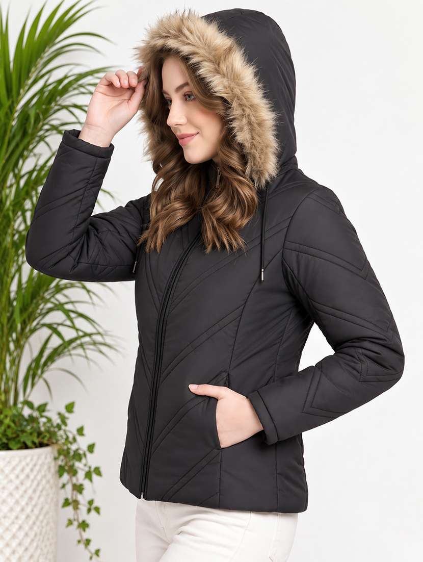 Women Solid Long Sleeves Hooded Quilted Jacket - 22748731 -  Standard Image - 2