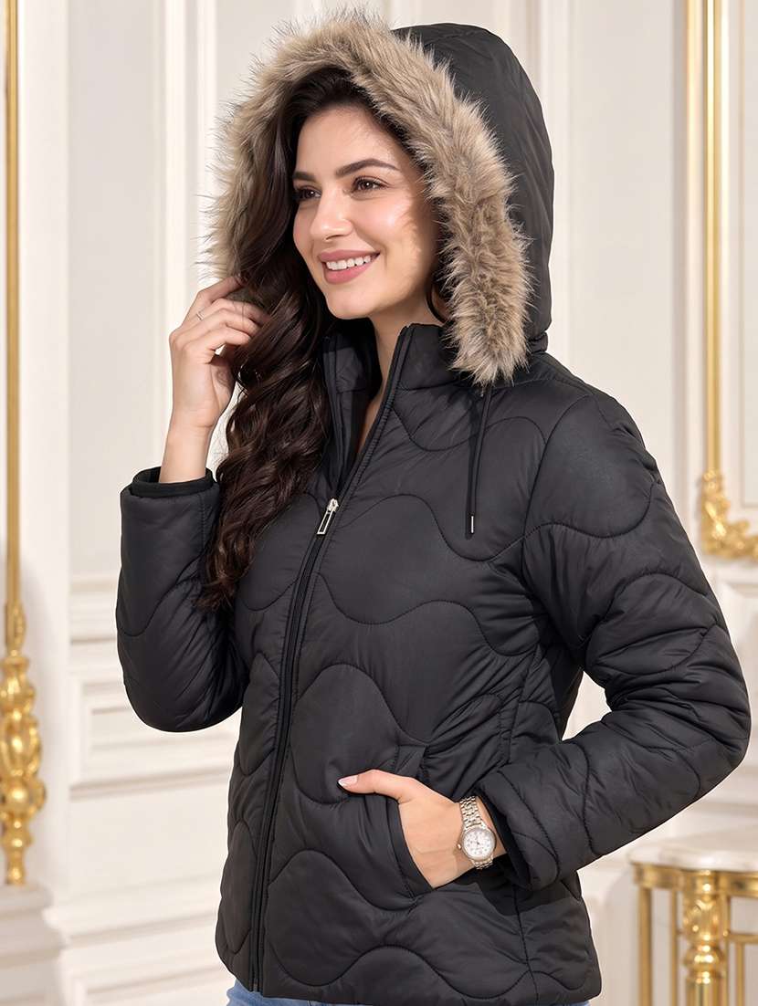 Women Solid Long Sleeves Hooded Quilted Jacket - 22748738 -  Standard Image - 2
